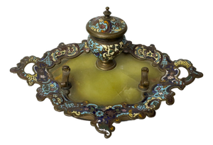 French Napoleon III Champlevé Enamel Inkwell on Tray, 1800s