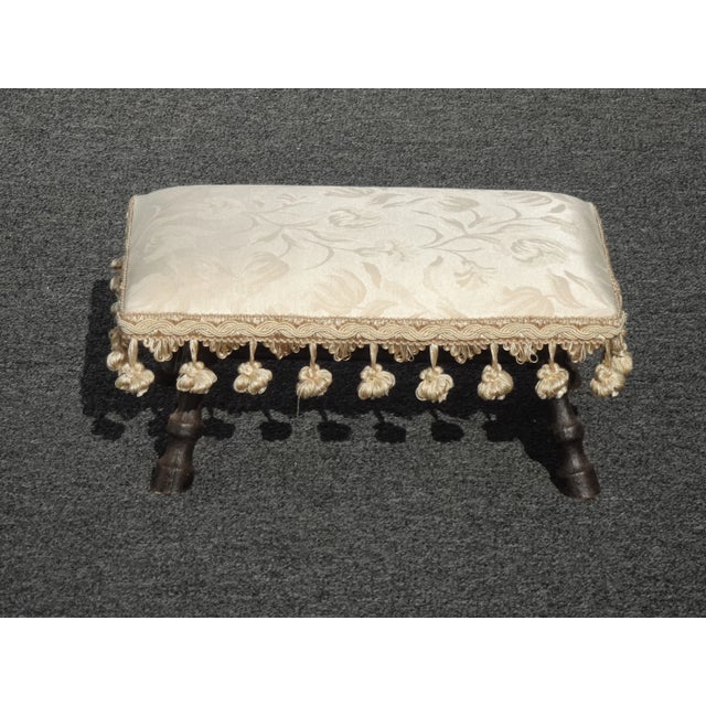 Vintage French Cast Iron White W Tassels Footstool W Green Emblem For Sale - Image 4 of 12