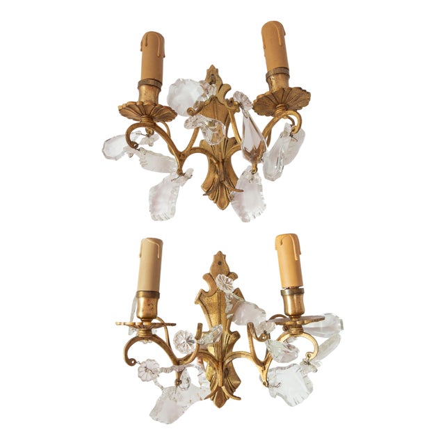 French Gilt Bronze and Crystal Sconces, 1950s, Set of 2 For Sale