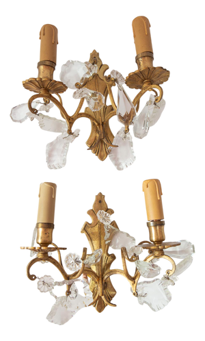 French Gilt Bronze and Crystal Sconces, 1950s, Set of 2
