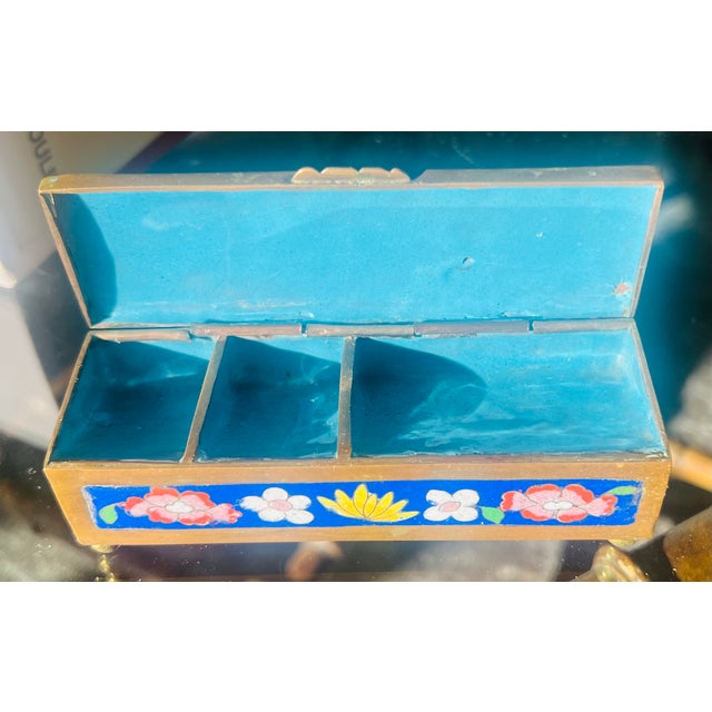 Blue Vintage Chinese Cobalt Blue Floral Cloisonné Stamp Box With Three Compartments For Sale - Image 8 of 11