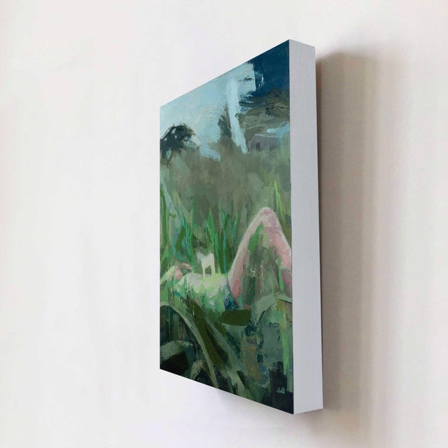Abstract Submergence by Shelli Langdale | Oil on gallery panel depicting a figure lying in grass with a white animal. For Sale - Image 3 of 5