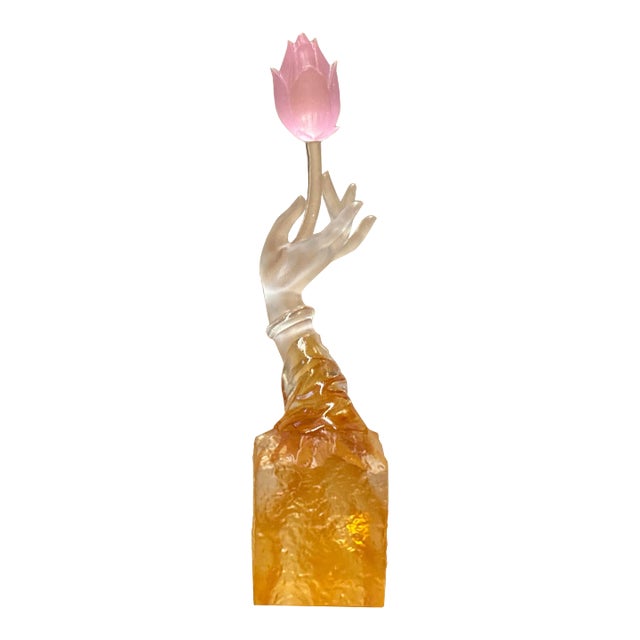 Asian Crystal Glass Buddha Hand Pink Lotus Display Art Figure For Sale