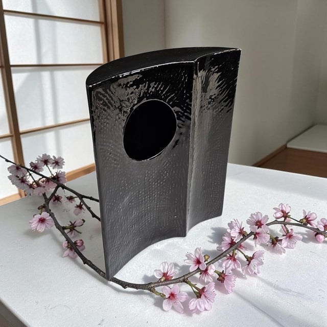 Contemporary 1970s–1980s Japanese Black Ceramic Modernist Ikebana Vase With Circular Aperture For Sale - Image 3 of 10