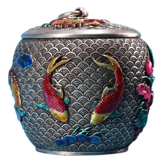 Vintage Silver and Enamel Lidded Jar With Koi Fish and Lotus Motif For Sale