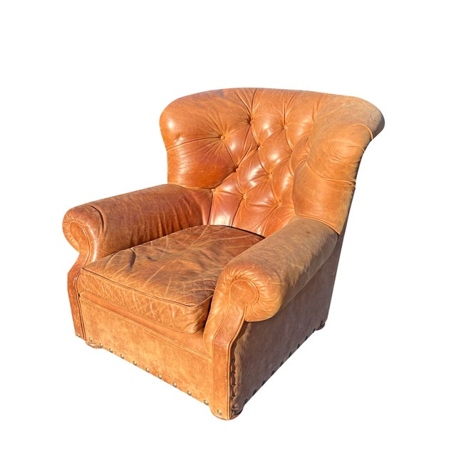 Restoration Hardware Leather Tufted Chair Seating Chesterfield Style With Brass Nail Heads For Sale In New York - Image 6 of 12