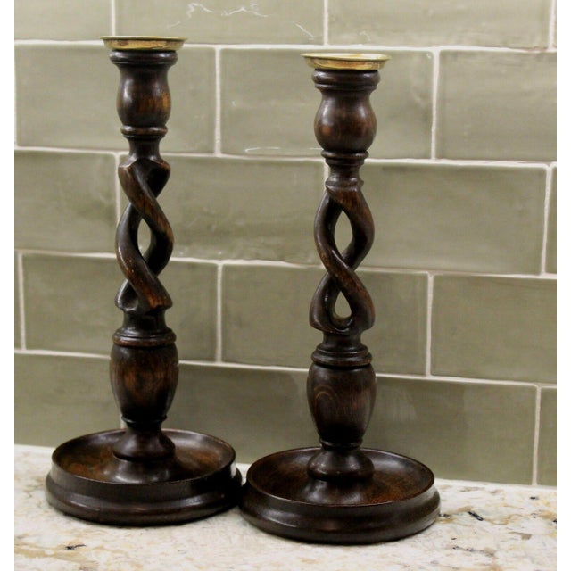 Antique English Oak Open Barley Twist Candlesticks Candle Holders Tall