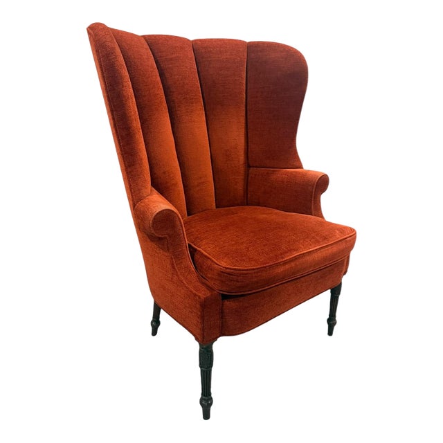 Late 20th Century Rust Channel-Tufted Wingback Accent Chair With Carved Wood Legs For Sale