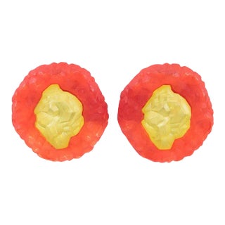 Oversized Yellow and Red Rock Lucite Pair of Clip Earrings For Sale