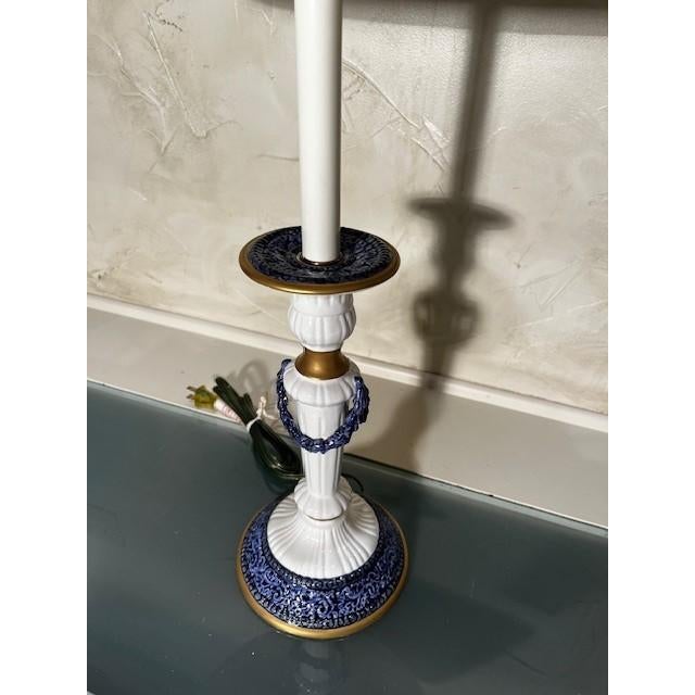 1 Bradburn Blue and White Painted Porcelain Candlestick Lamp, Gold Leaf Accents, Brass Finial, Softly Pleated White Silk...