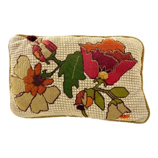 Vintage Handmade Needlepoint Pillow Wool Back to Velvet Floral For Sale