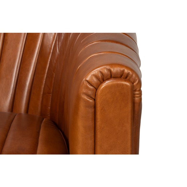 Wood Brown Leather Channel Tufted Swivel Chair For Sale - Image 7 of 12