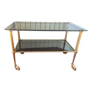 Vintage Hollywood Regency Brass and Smoked Glass Bar Cart on Castors, 1960 For Sale