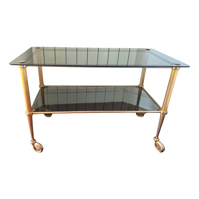 Vintage Hollywood Regency Brass and Smoked Glass Bar Cart on Castors, 1960 For Sale
