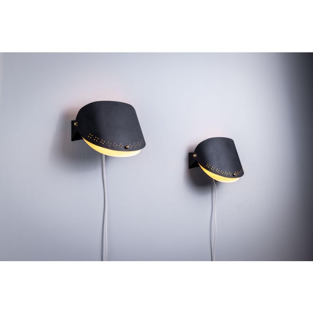 Mid-Century Modern Matte Black Wall Lamps with Perforated Shades and Brass Details, Set of 2 For Sale - Image 3 of 16