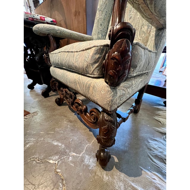 1900 - 1909 Early 20th Century Pair of William & Mary Style High Back Carved Chairs Newly Reupholstered For Sale - Image 5 of 6