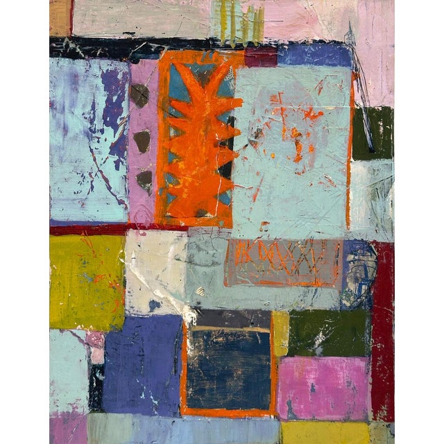 A patchwork of aqua, purple, pink, olive and navy surrounds a bright orange spiky shape, like a dance floor viewed from...