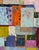 A patchwork of aqua, purple, pink, olive and navy surrounds a bright orange spiky shape, like a dance floor viewed from...