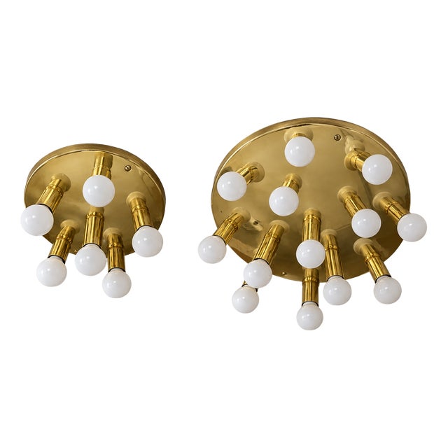 Mid-Century Modern Brass Ceiling Lights with Glass Globes from TZ Leuchten, Germany, 1980s, Set of 2 For Sale