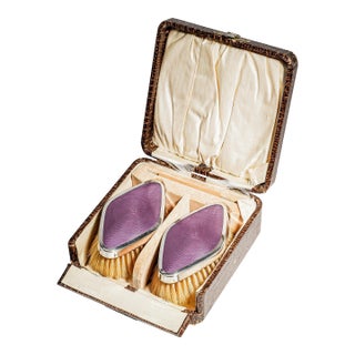 Wonderful Antique English Hallmarked Sterling Silver Vanity Brush Set Presentation Box Purple Celluloid Guilloché Style Edwardian Home Decor For Sale