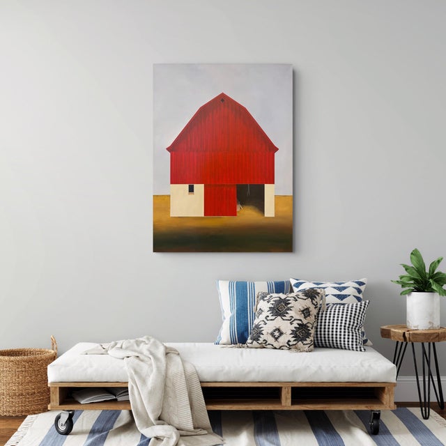 Old Red by Justin Wheatley | Acrylic on Canvas Red Barn With Ochre Field For Sale In Denver - Image 6 of 10