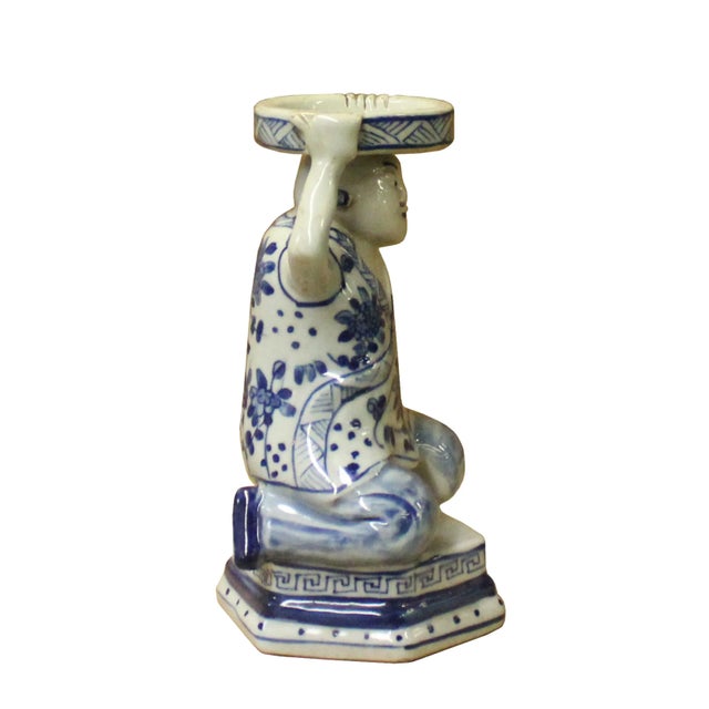 Figurative Oriental Ceramic Blue White Man Holding Dish Figure For Sale - Image 3 of 7
