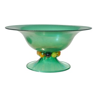 Iridescent Green Antique Applied Fruits Decoration Art Glass Footed Compote Bowl, Venetian Steuben Style For Sale
