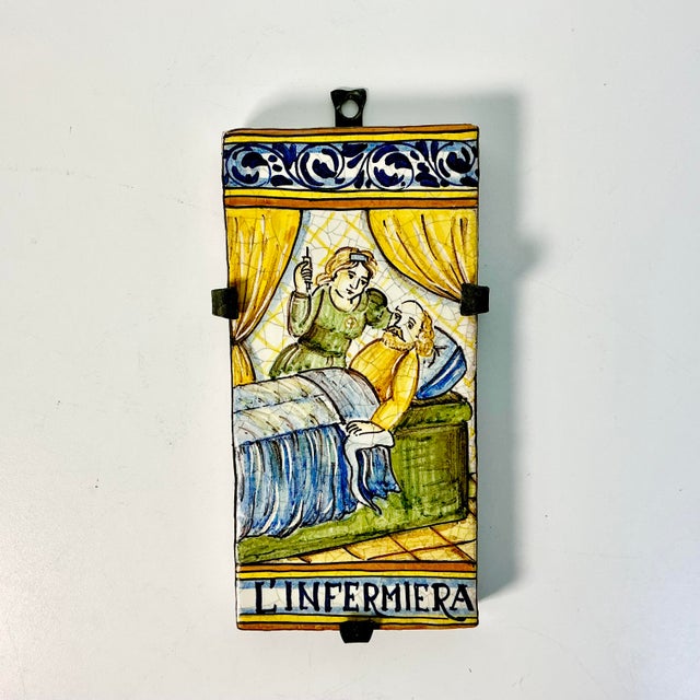 Castelli Vintage Rustic European Mediterranean Italian Castillo Tin-Glazed Majolica Hand-Painted Tile, Iron Bracket For Sale - Image 4 of 13