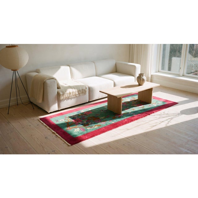 Lovely Dark Green Color With Special Floral Design Antique Chinese Art Deco Rug For Sale - Image 15 of 15