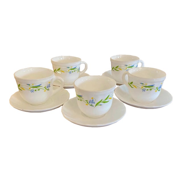 Vintage Middle Eastern Milk Glass Floral Cups & Saucers, 10 Piece Set For Sale