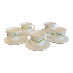 Vintage Middle Eastern Milk Glass Floral Cups & Saucers, 10 Piece Set