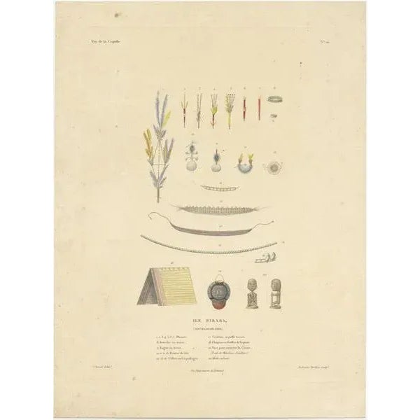 Antique print titled 'Ile Birara, Nouvelle-Irlande'. Jewellery, belts and other items from Birara Islands, New Ireland....