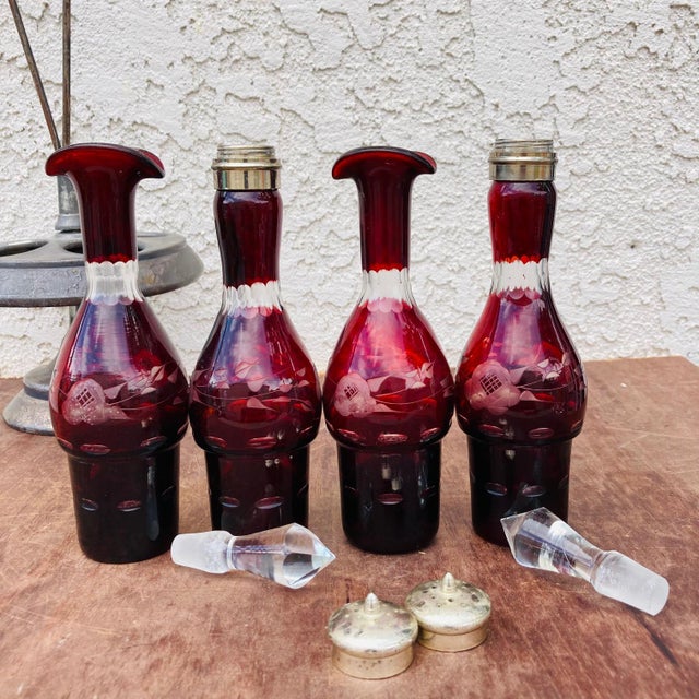 Ruby Red Late 1800s 4 Piece Ruby Etched Glass Cruet Set and Silver Plated Rotating Stand For Sale - Image 8 of 11