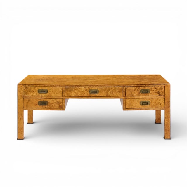 Baker Furniture Campaign Style Burlwood and Brass Coffee Table This coffee table measures: 54 wide x 27 deep x 19.5 inches...