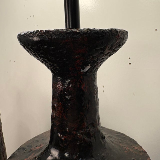 Red Pair Century Modern Pair of Lamps With Heavy Lava Glaze Textured For Sale - Image 8 of 12