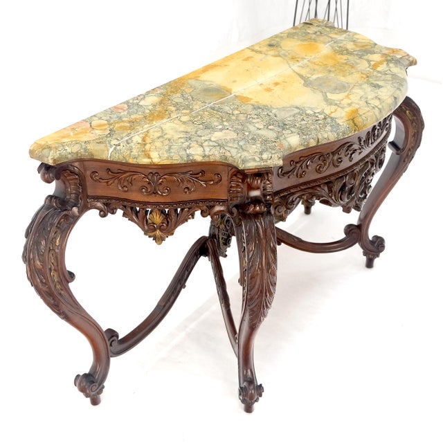Beige Regency Revival Heavily Fine Carved Stretcher Base Marble Top Console Table MINT For Sale - Image 8 of 18
