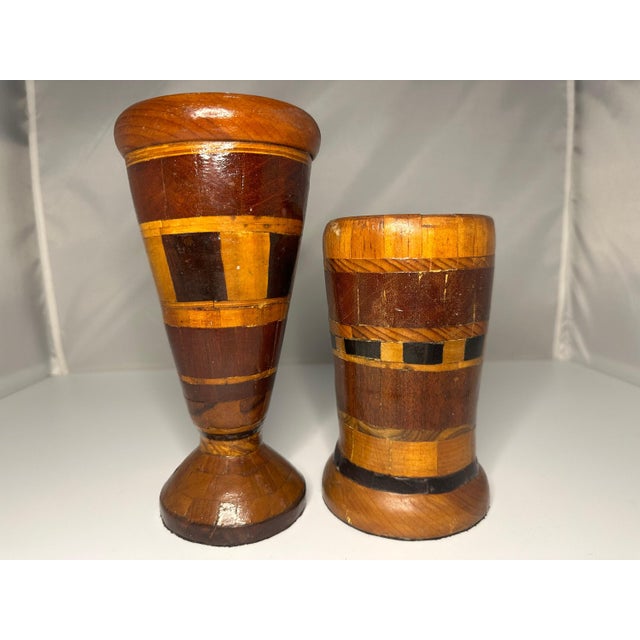 Pair of Folk Art Parquet Vases for your consideration. American, 20th Century. Description of each vase is as follows: The...