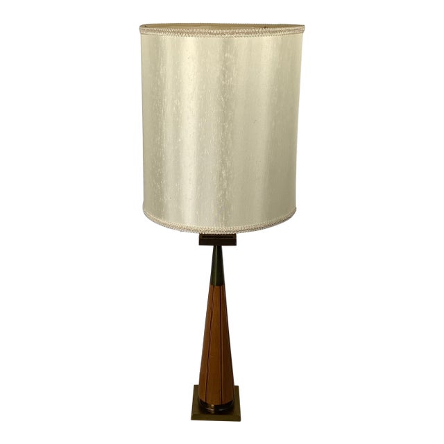 Mid 20th Century Sculptural Mid-Century Modern Walnut and Brass Table Lamp With Oversized Drum Shade For Sale