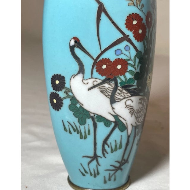 Metal Antique 19th Century Japanese Meiji Cloiosnne Miniature Enamel Crane Blue Vase For Sale - Image 7 of 13