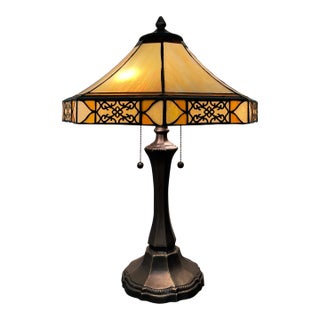 Vintage Table Lamp With Decorative Filigree Shade and Dual Pull Chains For Sale