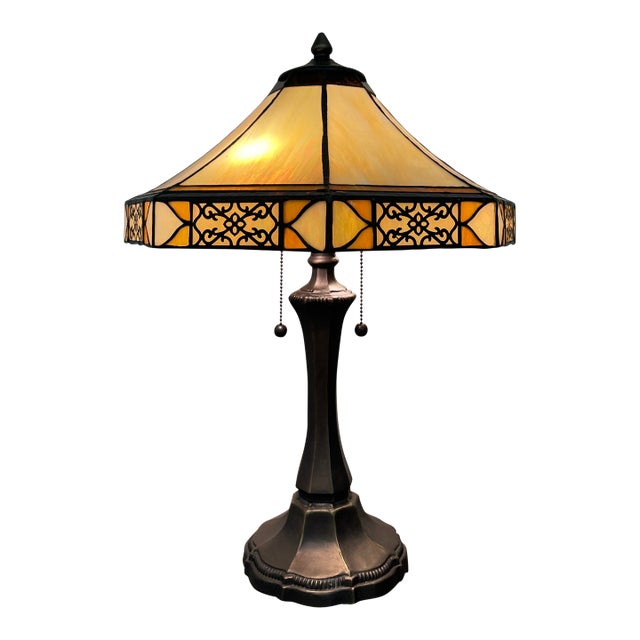 Vintage Table Lamp With Decorative Filigree Shade and Dual Pull Chains For Sale