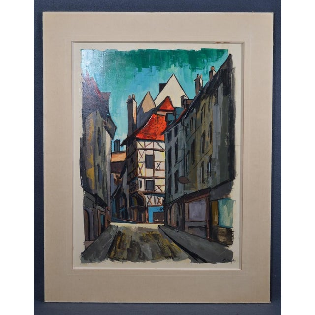 Juilaud (20th-century French artist) Mid-Century Street Scene with Half-Timbered House Mixed media on paper (gouache and...