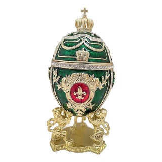 Pierre Lorren Handmade Faberge Egg Style Trinket Fabergé Egg Style Austrian Crystal Diamond Pure Gold Deco Hand Painted 5 Star Egg & Handmade Bracelet For Sale