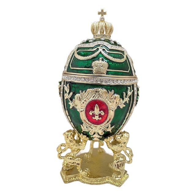Pierre Lorren Handmade Faberge Egg Style Trinket Fabergé Egg Style Austrian Crystal Diamond Pure Gold Deco Hand Painted 5 Star Egg & Handmade Bracelet For Sale