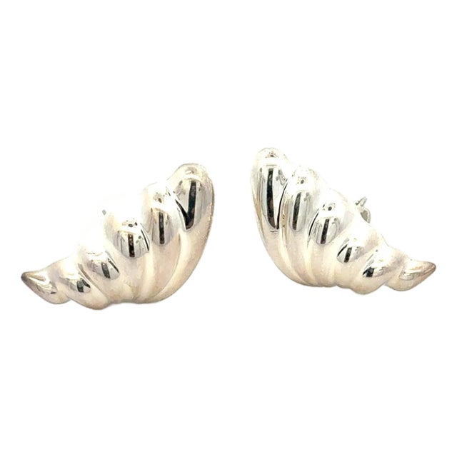 Late 20th Century Tiffany & Co Puffed Omega Back Wing Earrings Non Pierced Sterling Silver Estate, A Pair For Sale