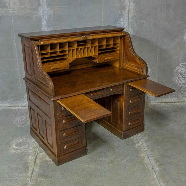 Edwardian Oak Roll Top Desk For Sale - Image 3 of 17
