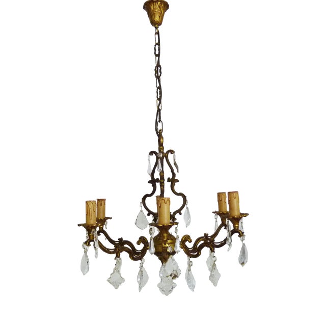 6-Light Cage Chandelier in Bronze with Glass Pendants, 1960s For Sale