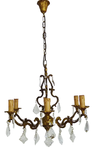 6-Light Cage Chandelier in Bronze with Glass Pendants, 1960s