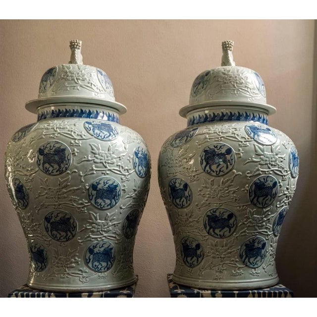 Blue Porcelain Blue and White Giant Jar Vases, Set of 2 For Sale - Image 8 of 12