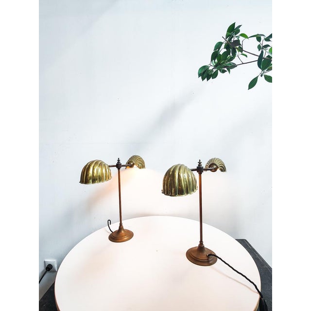 Metal Art Deco English Brass Double Shell Shade Desk Light, 1920s For Sale - Image 7 of 8